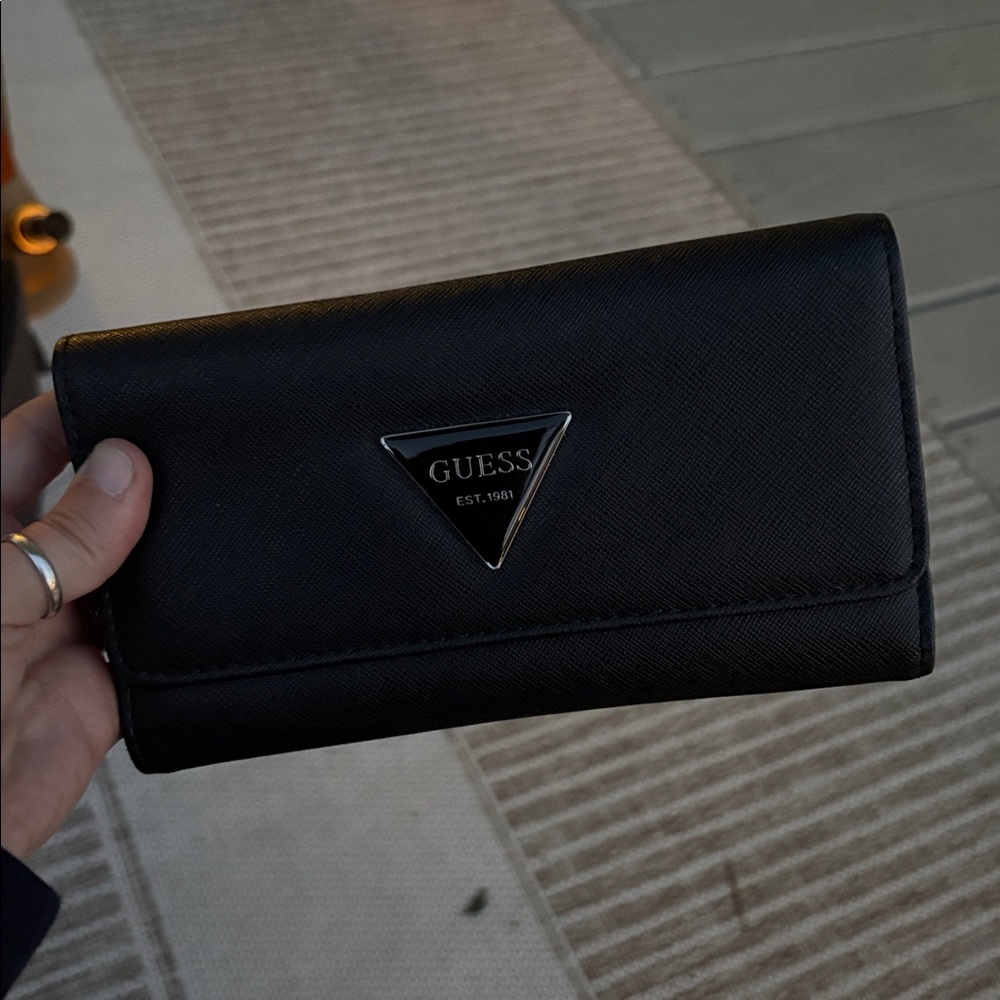Guess Metallic Black Tri-Fold Wallet with Triangle Logo